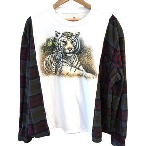 Upcycled Oversized Graphic Tee: Tiger Print, Flannel Sleeves, Plus Size L-2XL